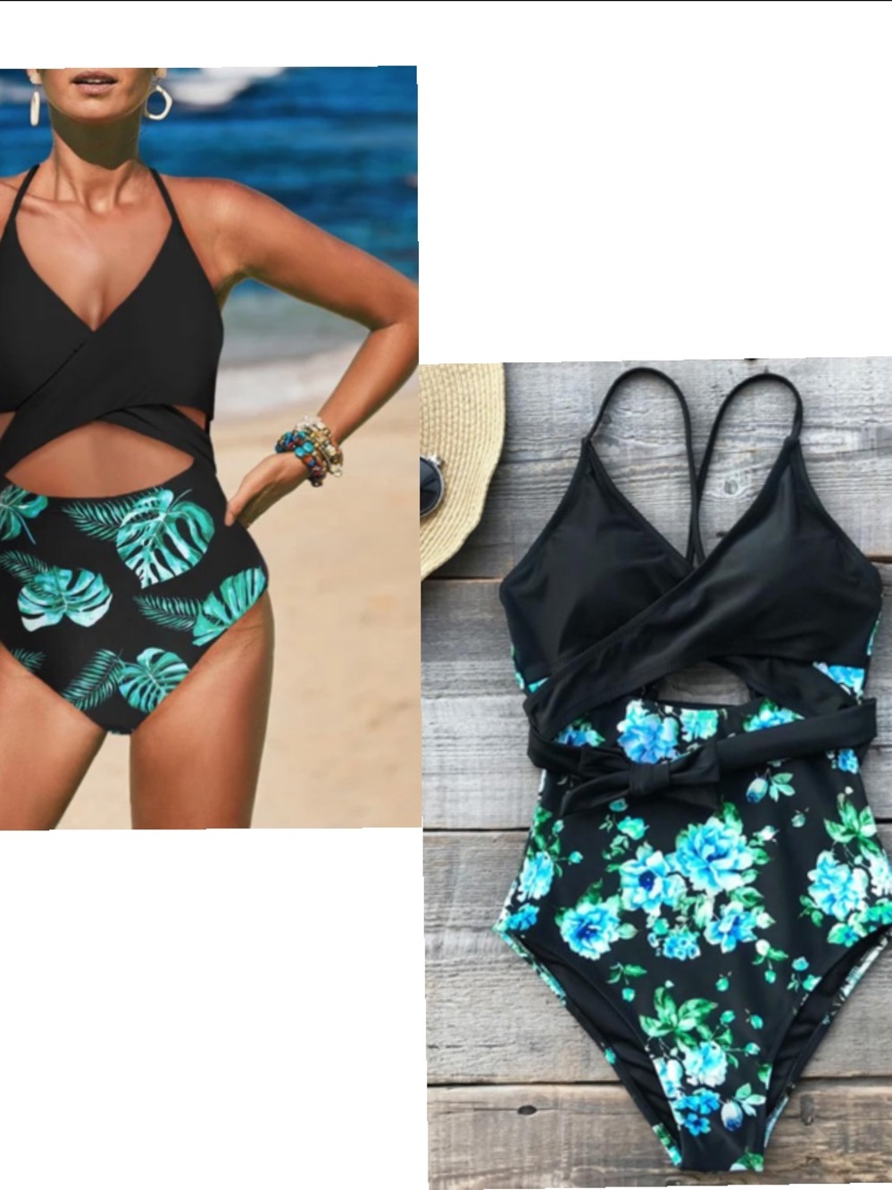 CUPSHE Black Criss Cross One-Piece Swimsuit with Blue Floral Print Size XL